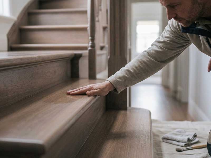Arbeiter, der mit seiner Hand über die modernisierten Holzstufen einer Treppe in einem Einfamilienhaus streift.